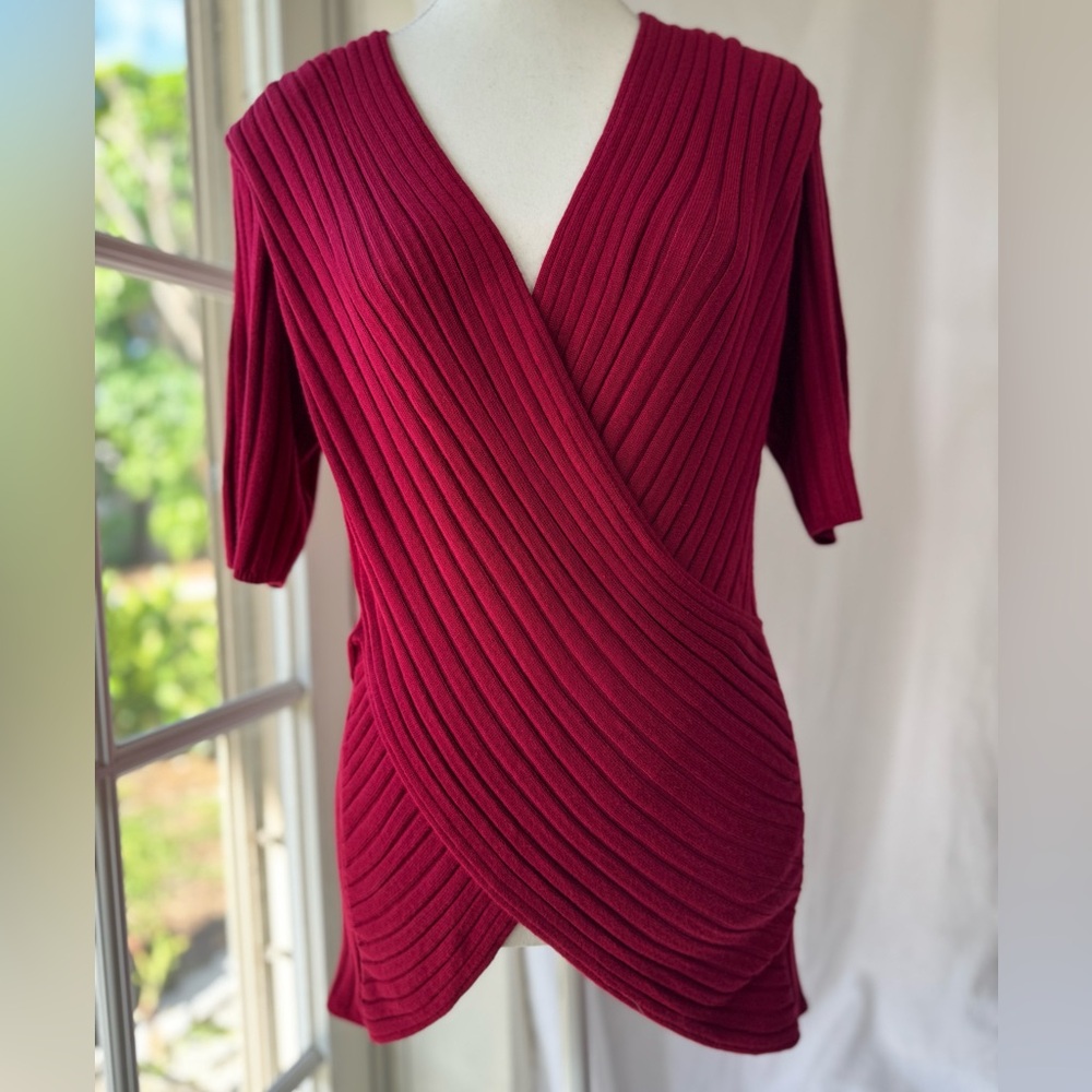 Deep Red Ribbed Wrap Sweater Blouse